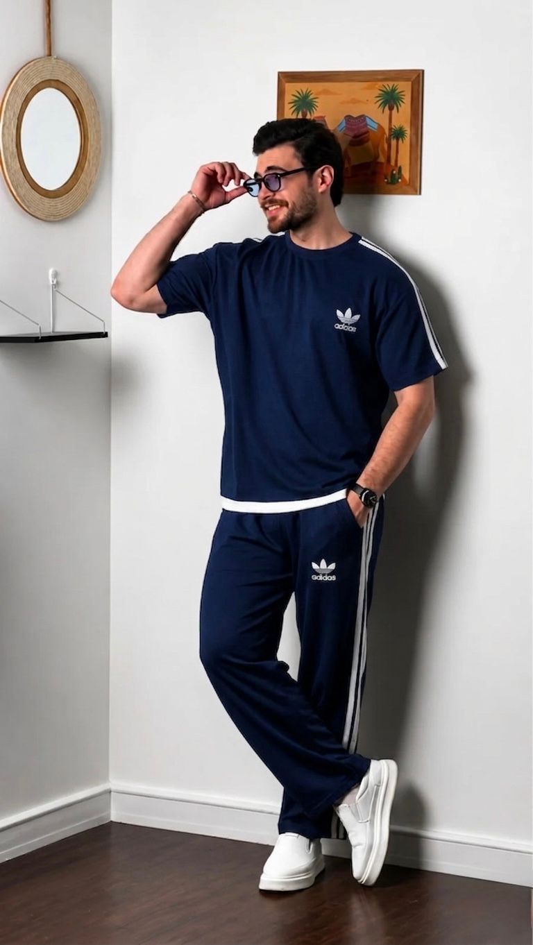 ROUND NECK NAVY BLUE STRIPE TRACK SUIT SET