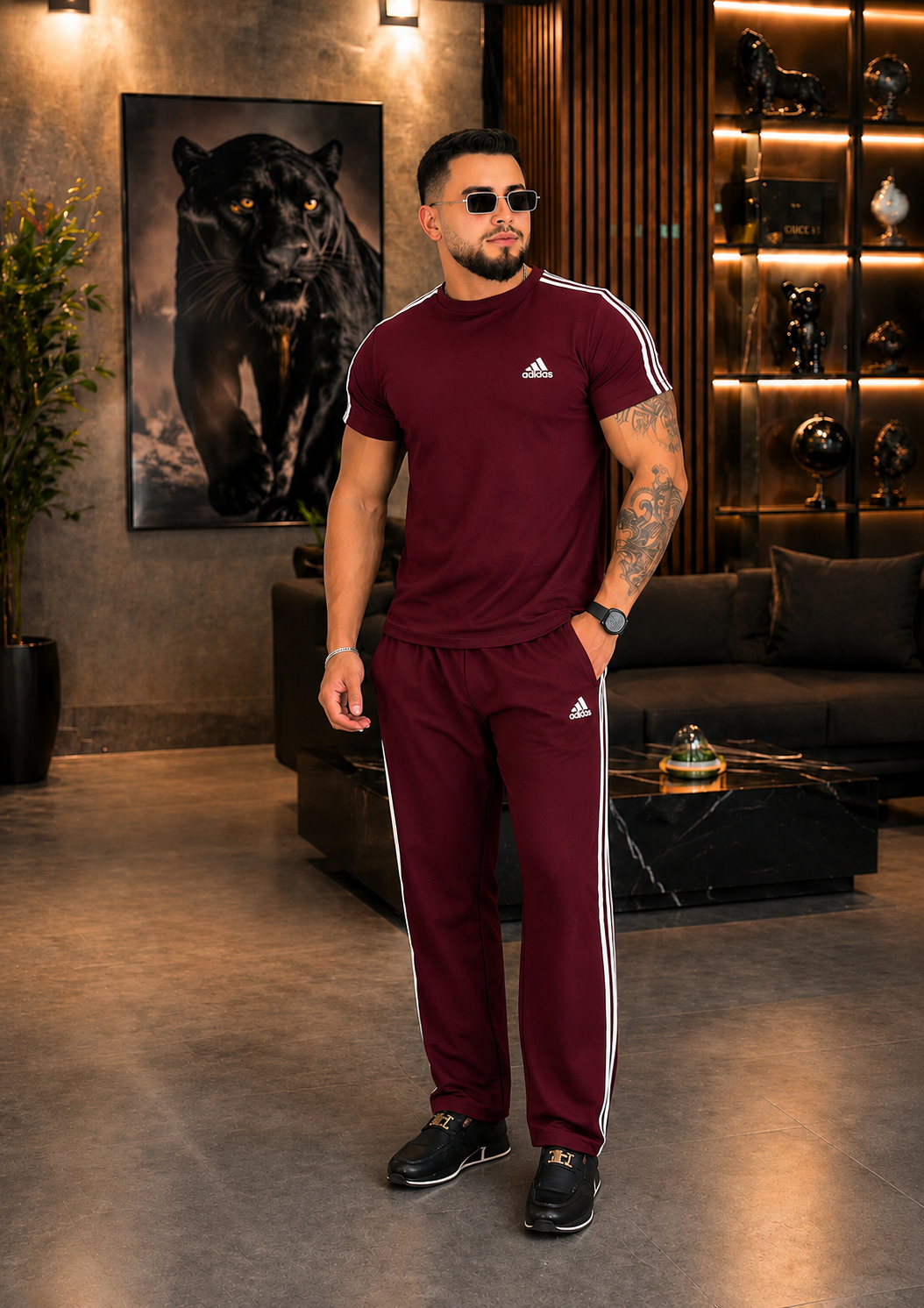 ROUND NECK MEHROON STRIPE TRACK SUIT SET