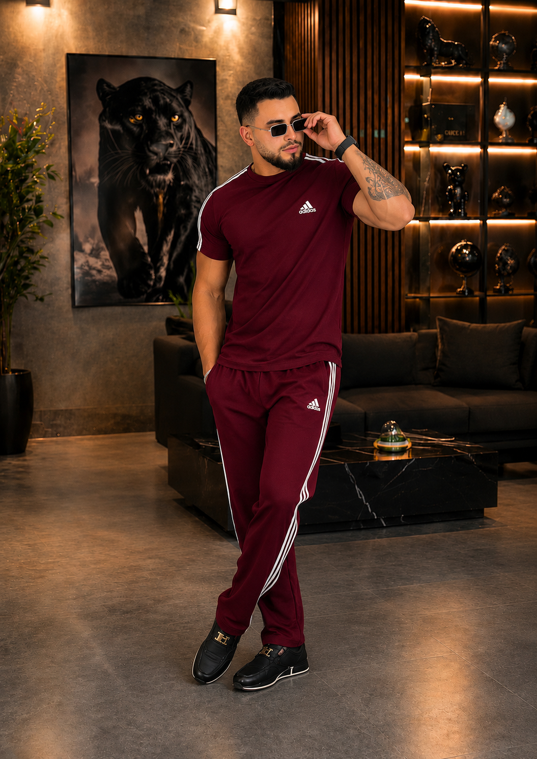 ROUND NECK MEHROON STRIPE TRACK SUIT SET